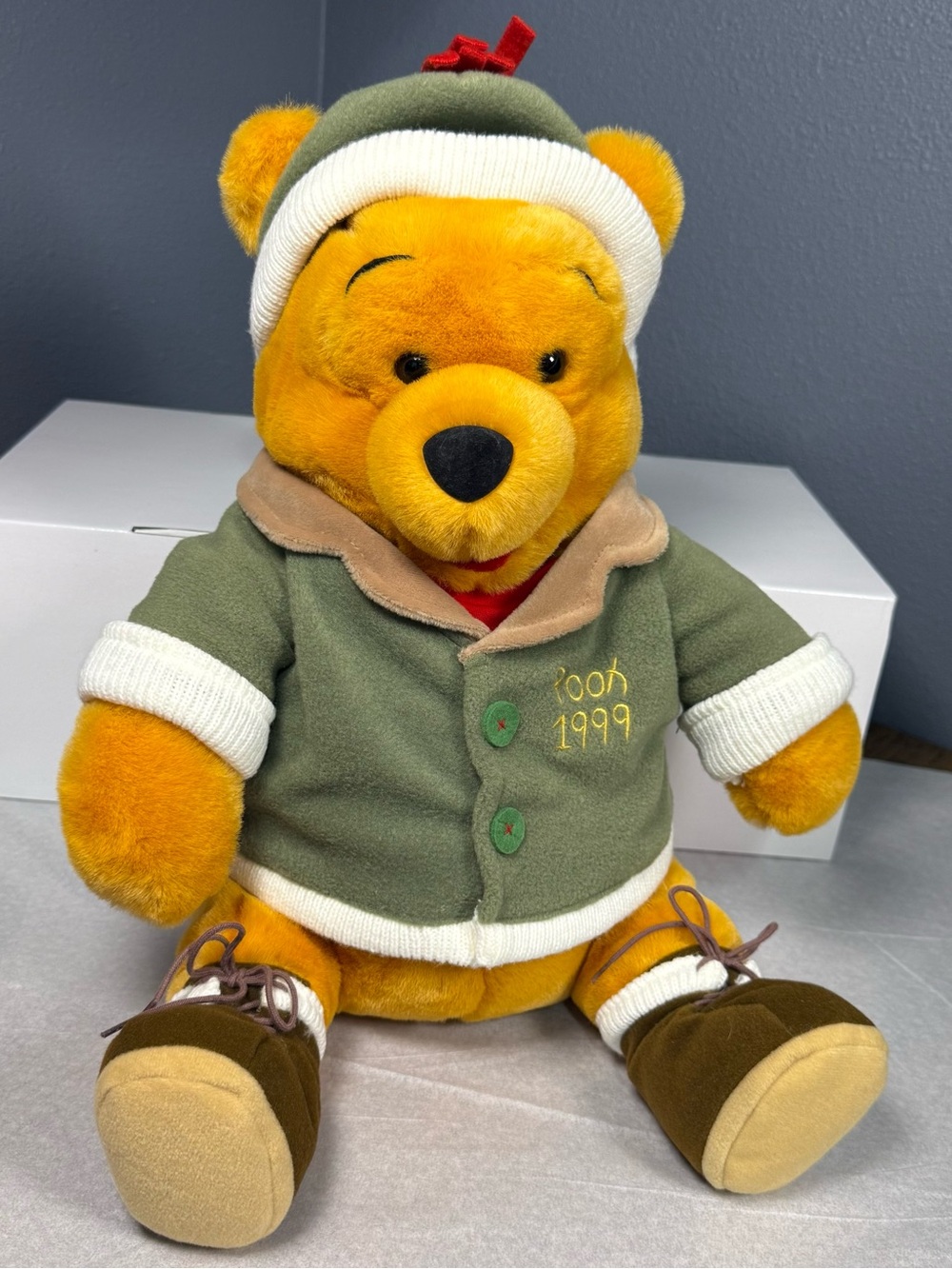 Vintage 1999 Disney Winnie the Pooh Plush in Green Jacket and Brown Boots
